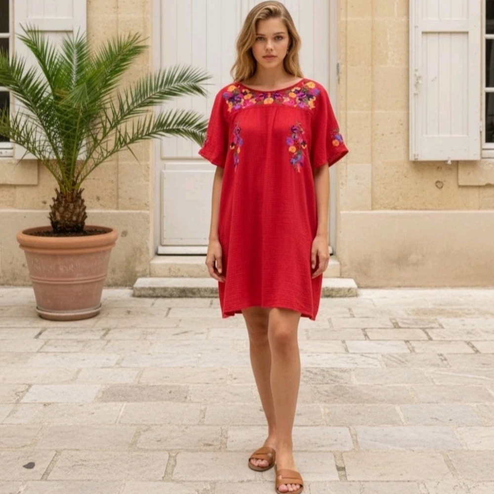 See and Be Seen Red Dress W/Embroidered Colorful Flowers W/Pockets EUC